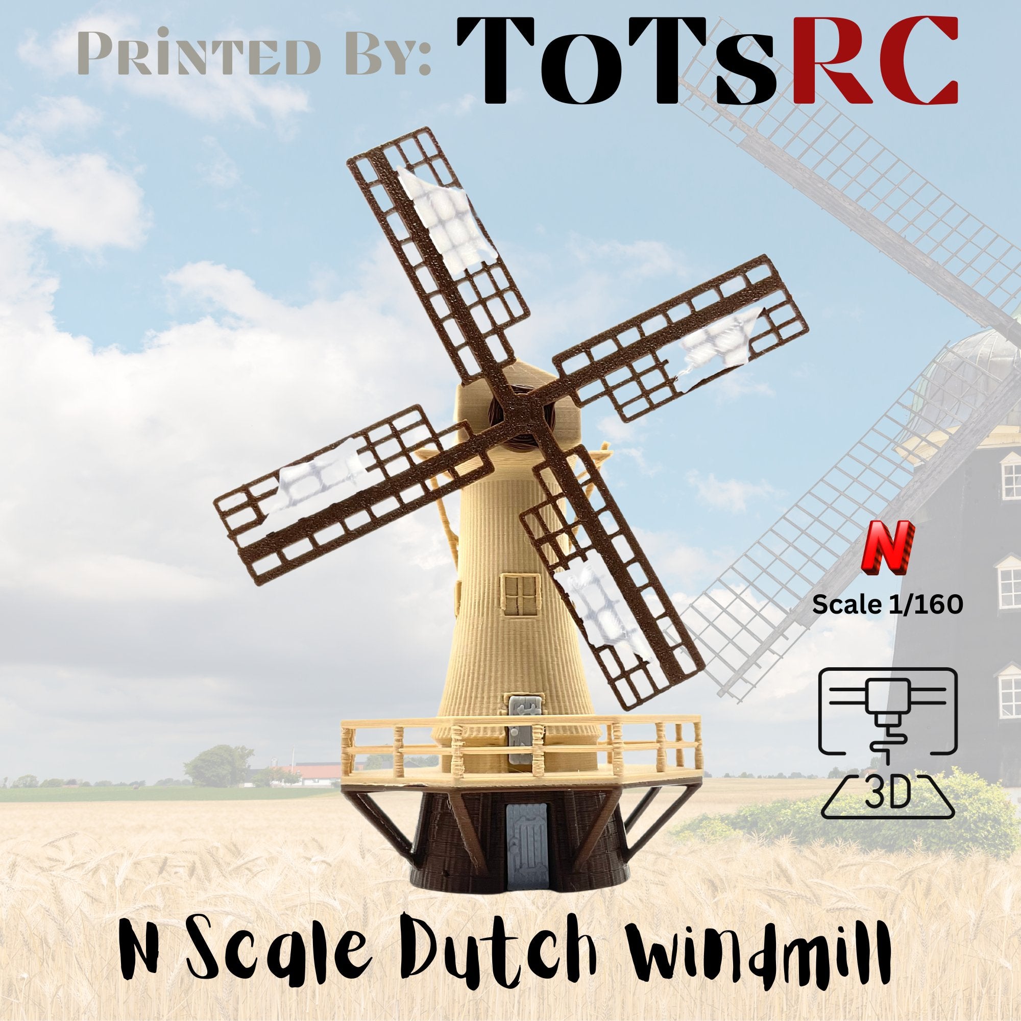 N Scale 1:160 3D Printed Building - Dutch Windmill PLA – ToTsRC